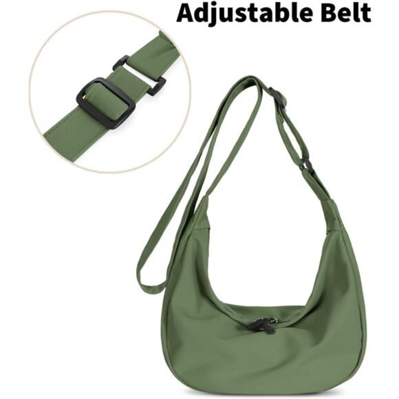 Mini Crescent Bag with Adjustable Strap, 2 Zippers Lightweight Nylon Bag - Army - Picture 5 of 7